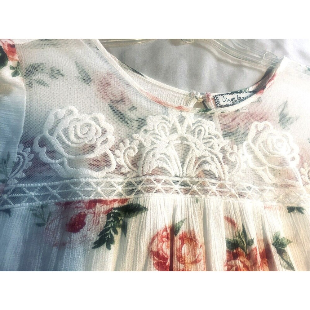 Crave Fame Semi Sheer Crop Top Womens L White Lace Multicolor Floral Kimono Slv